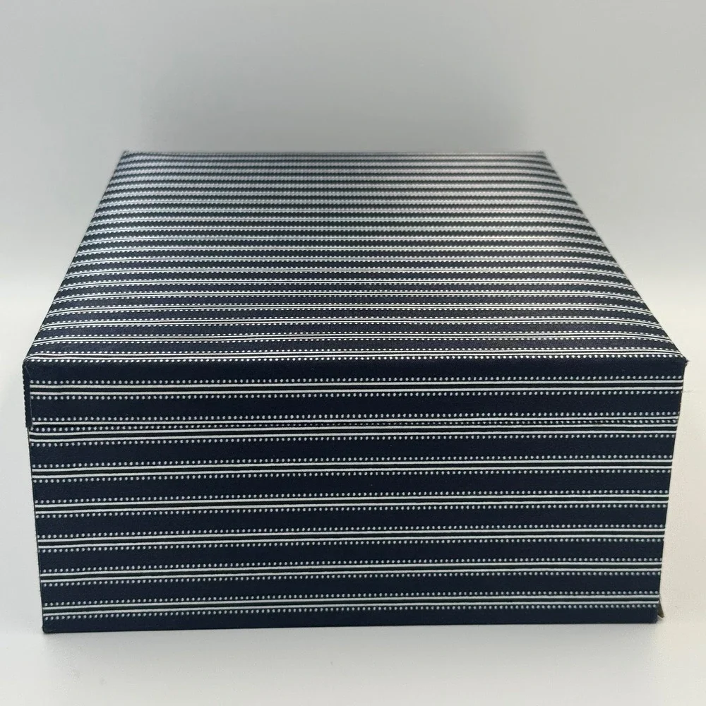 Avon Jewelry Box Navy Blue Pinstripe Brown Satin Lining Removable Tray Organizer